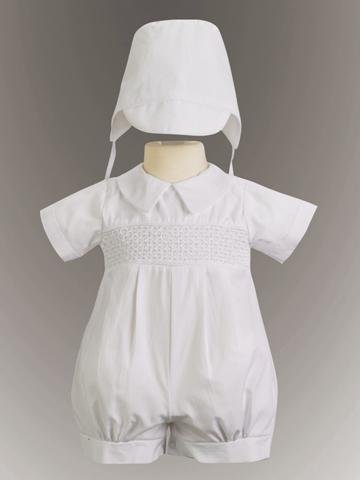 Boys Christening Cotton Romper and Bonnet Set - JEREMY - for Baby or Infant Boys Christening Clothing - Short Sleeved with small smocking size 0 - 12 months