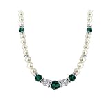 Sterling Silver White Imitation Pearl and Emerald Crystal Necklace Made with Swarovski Elements