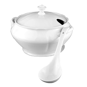 HIC Large Soup Tureen with Server, Porcelain, 64 Ounce Capacity