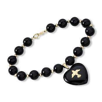 Black Onyx Bracelet With Dove Heart Charm In 14kt Yellow Gold. 7\
