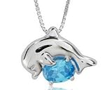 Sterling Silver and Oval-Cut Sky Blue Topaz Jumping Dolphin Pendant