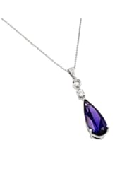 Rhodium Plated 925 Sterling Silver Teardrop Pear Cut Purple Amethyst Cubic Zirconia Designer Charm Pendant Necklace with 17"-18" Adjustable Link Chain