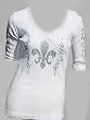 Sledge USA Women's 3/4 Sleeve Ribbed Tee Crystalled Silver Fleur-de-Lis in White