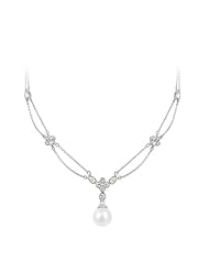 Sterling Silver Simulated Pearl and Cubic Zirconia Flower Stations Necklace, 18"