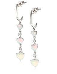 Sterling Silver Heart Created Opal and Diamond Earrings