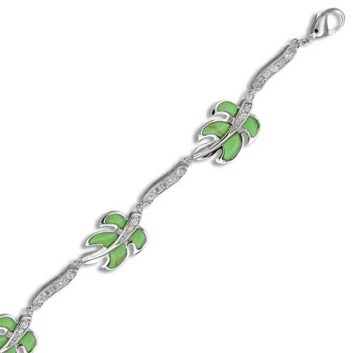 Sterling Silver Hawaiian Green Turquoise Monstera Bracelet with Cz