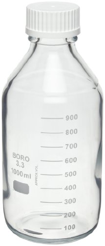 Wheaton 219940 Safety Coated Bottle, Media/Reagent Style, 1000mL With Polypropylene Pour Ring And 45mm White Polypropylene Unlined Screw Cap, 101mm x 233mm (Case of 12)