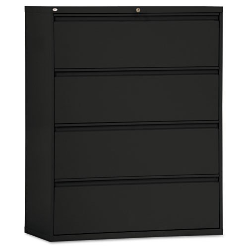 Alera Products - Alera - Four-Drawer Lateral File Cabinet 42w x 19-14d x 54h Black - Sold As 1 Each - 19 14 deep drawers with side-to-side hang rails to accommodate letterlegal hanging files - Full drawer extension on steel ball bearing telescoping slide