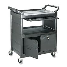 Rubbermaid Commercial Plastic Service Cart with Cabinet and Sliding Drawer, 2 Shelves, Black, 200lbs Capacity, 37-1/4" Height, 33-5/8" Length X 18-5/8" Width