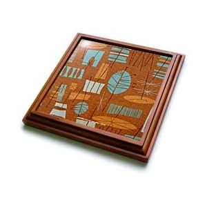 Retro 50s Atomic Tiki Print Bronze Turquoise - 8x8 Trivet With 6x6 Ceramic Tile by 