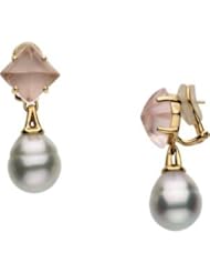 Jewelplus AQUARELLA SOUTH SEA CULTURED PEARL & GENUINE ROSE QUARTZ OMEGA BACK EARRINGS 18K Yellow Pair 12.00Mm Circle/10X10 Mm