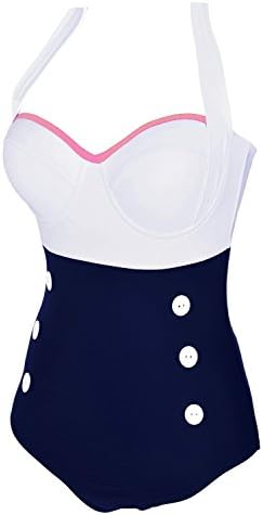 VintageMeiPin Style Pin-up Navy &amp; White Two Tone Sailor Sweetheart Maillot Swimsuit (M, White+Blue)