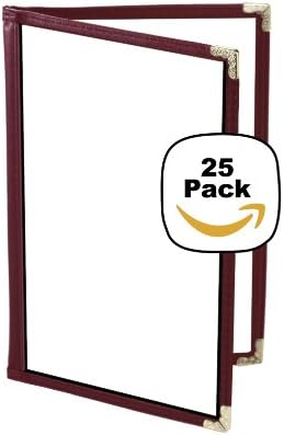 VAL-B58-BURGUNDY, 25 Menu Covers, Double Panel, 4 Views, Holds 5.5" x 8.5" Inserts, Burgundy Leatherette Trim, Gold Decorative Corners, 10 Gauge Crystal Clear Panels,Restaurant Quality