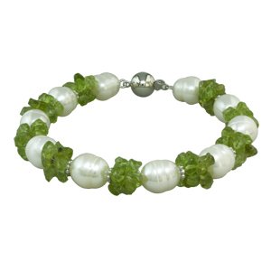 Click To White Freshwater Pearl and Peridot Pebble Cluster Bracelet with Sterling Silver Clasp Details... White Freshwater Pearl and Peridot Pebble Cluster Bracelet with Sterling Silver Clasp