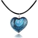 Akuamarina Silver Leaf and Murano Glass Heart Pendant Necklace Blue