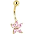 Solid 14kt Yellow Gold Pink Cubic Zirconia Lily Belly Ring