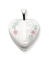 Genuine .925 Sterling Silver 20mm D/C & Enameled Cross & Flowers Heart Locket. 100% Satisfaction Guaranteed.