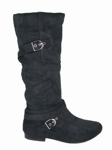 D2502 Ladies black Suede Design Flat Boots by envy