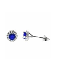 Blue Sapphire and Diamond Sterling Silver Halo Earrings