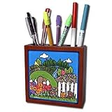 S. Fernleaf Designs Folk Art Paintings Pets - Dogs Cat Fence Cute Pets Animals Original Folk Art Painting - Tile Pen Holders-5 inch tile pen holder