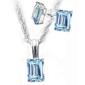925 Sterling Silver & Genuine Emerald Cut Blue Topaz Pendant Necklace & Earring Set in Gift Box with Bow