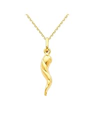 14K Yellow Gold Medium Twisted Cornicello Italian Horn Charm Pendant with Yellow Gold 0.9mm Oval Angled Cut Rolo Cable Chain Necklace with Spring Ring Clasp - Pendant Necklace Combination (Different Chain Lengths Available)