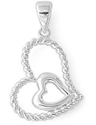Sterling Silver Rope Chain Design Heart Love Pendant USA Charm Pure 925 New 23mm with 1.3mm Curb Chain