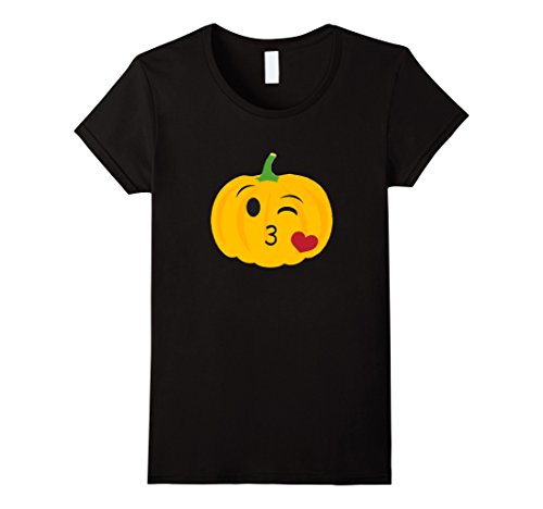 Women's Pumpkin Emoji Heart Kiss Wink Shirt Halloween Thanksgiving Medium Black