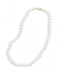 MMA Silver - 20 inch 7.5-8mm Grade A Cultured Akoya Pearl Necklace individually knotted with a 14K Yellow Gold Clasp