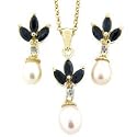 Sterling Silver Two Tone Genuine Sapphire, Diamonds and Pearl, Leaf Pendant and Earring Set