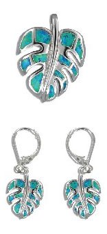 Sterling Silver Hawaiian Blue Opal Mostera Leaf Pendant and Earring Set