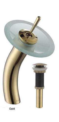 KRAUS KGW-1700-PU-10G-FR Single Lever Vessel Glass Waterfall Faucet Gold with Frosted Glass Disk and Matching Pop Up Drain
