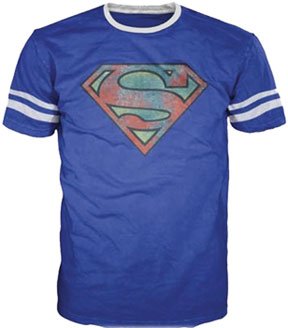  Superman BLUE Distressed Logo With Striped Sleeves Blue Adult T-shirt Tee