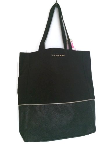 Victoria's Secret Tote Shopping Travel Bag Glitter Black Yellow Large School Beach