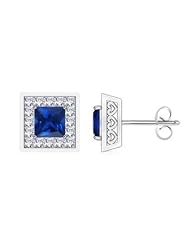 Square Sapphire and Diamond Square Earrings in White Gold