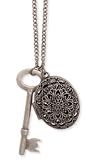 ZAD Vintage Look Large Key and Oval Filigree Cutout Locket Charm Necklace on Long 34 Linked Antique Silver Tone Chain