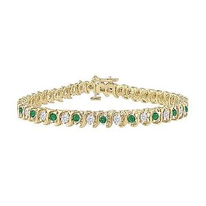 Emerald and Diamond Tennis Bracelet : 14K Yellow Gold - 4.00 CT TGW by FineJewelryVault