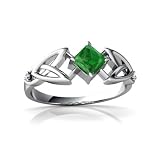 14K White Gold Square Genuine Emerald Celtic Knot Ring