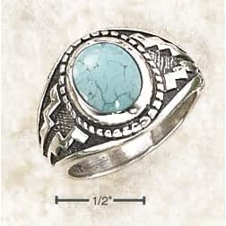 Sterling Silver Oval Turquoise With Wide Aztec Design Ring - Size 9.0