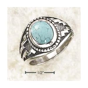 Sterling Silver Oval Turquoise With Wide Aztec Design Ring - Size 13.0