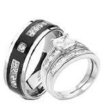 3 Pieces His & Hers - 925 Sterling Silver Rhodium Plated & Titanium Matching Engagement Wedding Bridal Ring Set. AVAILABLE SIZES men's 7 - 8 - 9 - 10 - 11 - 12; women's set: 5 - 6 - 7 - 8 - 9 - 10.