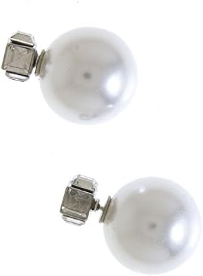 CONTEMPO COUTURE CRYSTAL CUBE TIP DOUBLE STUD PEARL EARRINGS (Silver/Pearl)
