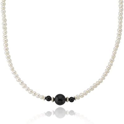 Sterling Silver 5-6mm White Freshwater Cultured Pearl and 12mm Black Onyx Necklace, 18"