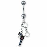 Surgical Steel Body Piercing Dangling Belly Ring with Hanging Pistol, Handcuff Charms and Clear Cubic Zirconia