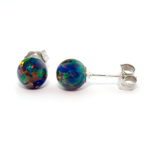 Aurora: 6mm Black Australian Opal Ball Stud Post Earrings Solid 925 Sterling Silver