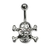 Stainless Steel Belly Ring with Clear Australian Crystals - skull and crossbones 14g/5mm ball