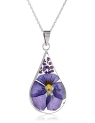 Sterling Silver Pressed Flower Teardrop Pendant Necklace, 18"