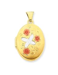 14k Yellow Gold & Rhodium Enameled Butterfly & Flowers 21mm Oval Locket.