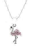 Adorable Small Pink Crystal Flamingo Charm Necklace Silver Tone