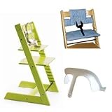 Stokke Tripp Trapp High Chair, Cushion, and Baby Rail - Lime with Blue Stripe Cushion
